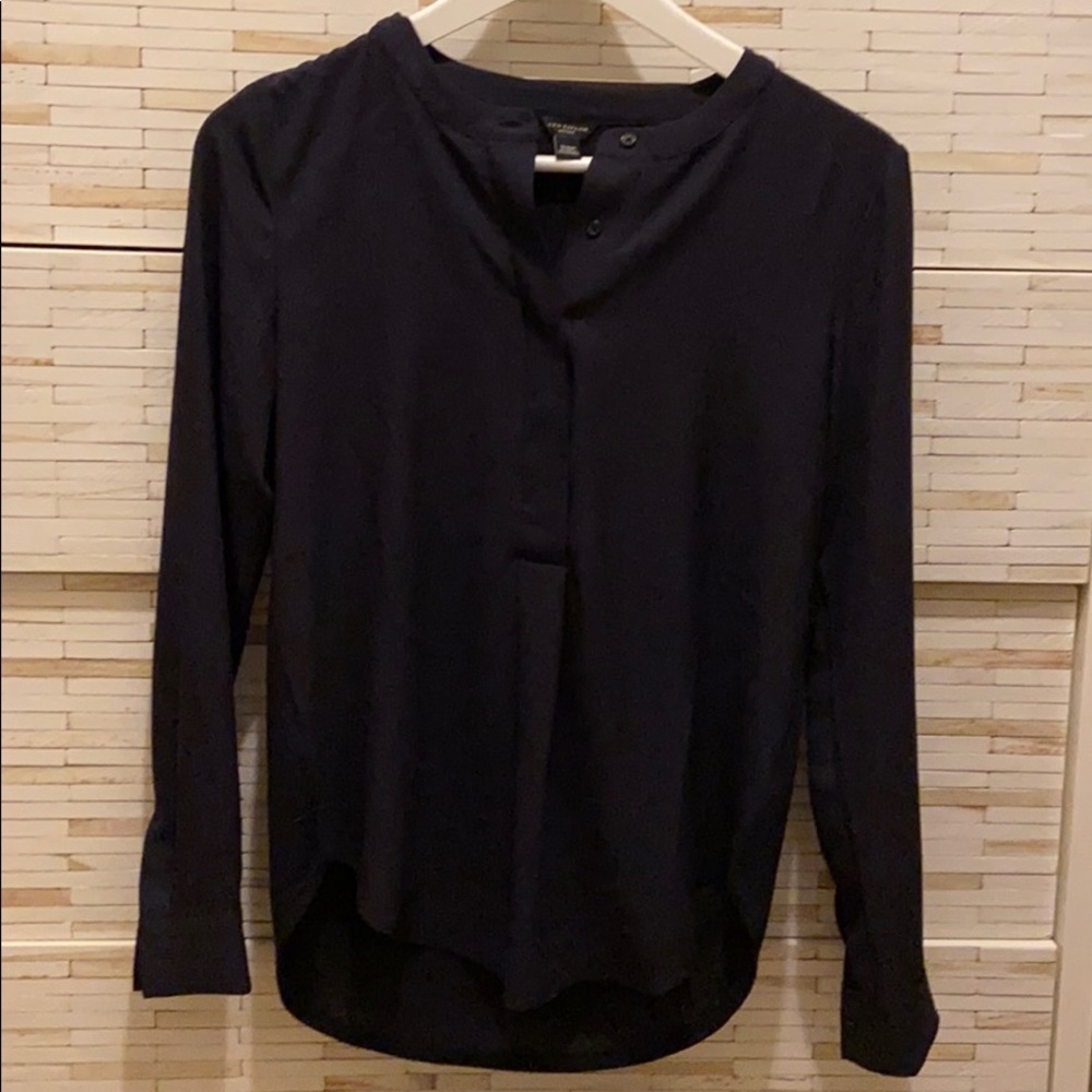 Ann Taylor navy blue mixed media blouse